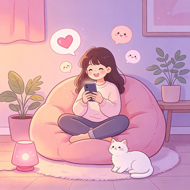 ai伙伴产品介绍插画：女孩与AI伙伴温馨聊天场景